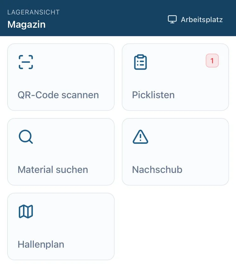 Reduzierte Lageransicht für die Halle — QR-Code scannen, Picklisten, Material suchen, Nachschub, Hallenplan