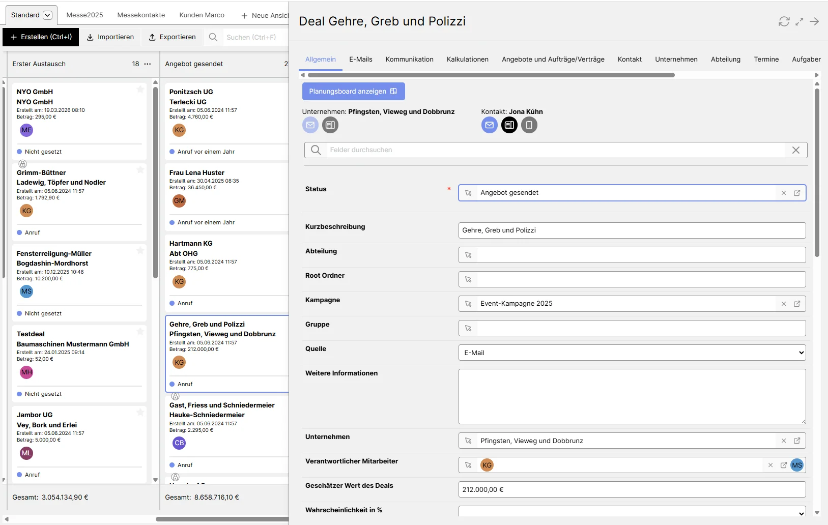 NYO CRM Kundenakte mit Deal-Details und Kontakten