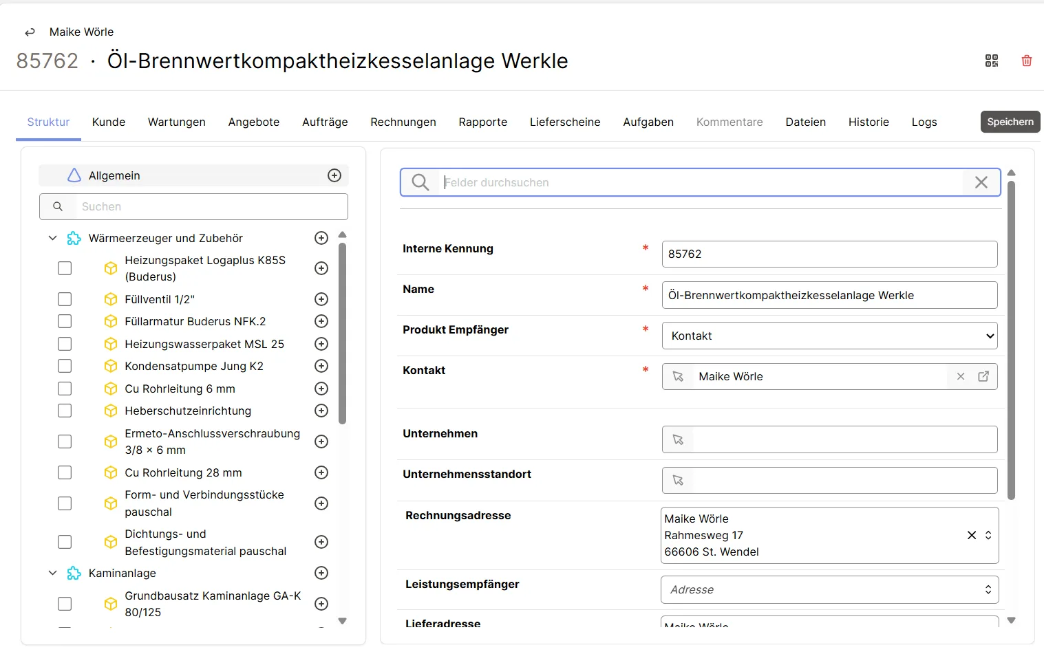 NYO Objektstruktur eines digitalen Zwillings mit Komponentenbaum und Stammdaten